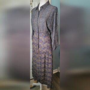 Bl^nk London Anthropologie Midi Dress Womens S Black Blue Tan Animal Print Boho